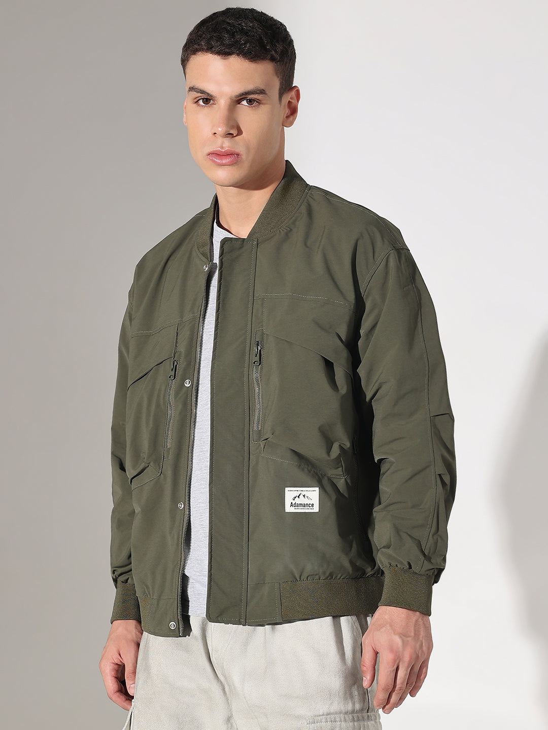 Men's Olive Mandarin Collar Bomber Button Up Jacket with Utility Pockets