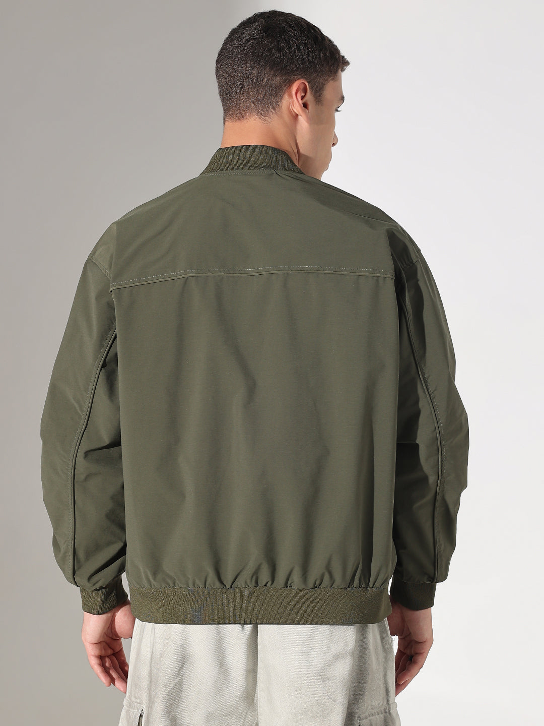 Men's Olive Mandarin Collar Bomber Button Up Jacket with Utility Pockets