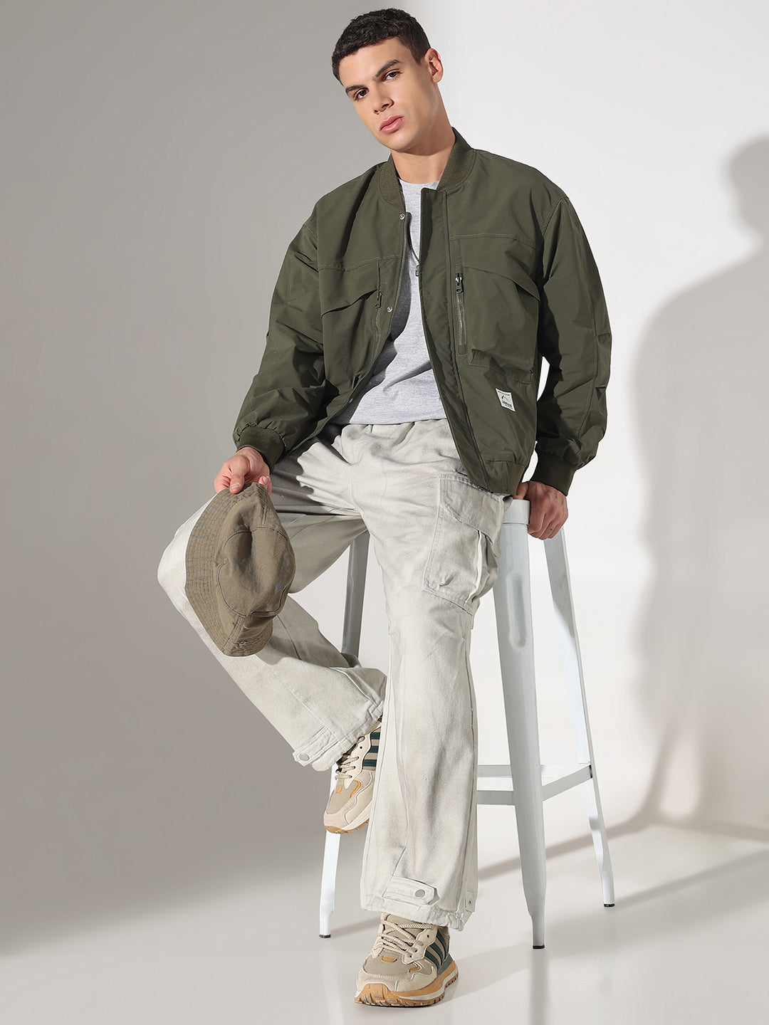 Men's Olive Mandarin Collar Bomber Button Up Jacket with Utility Pockets