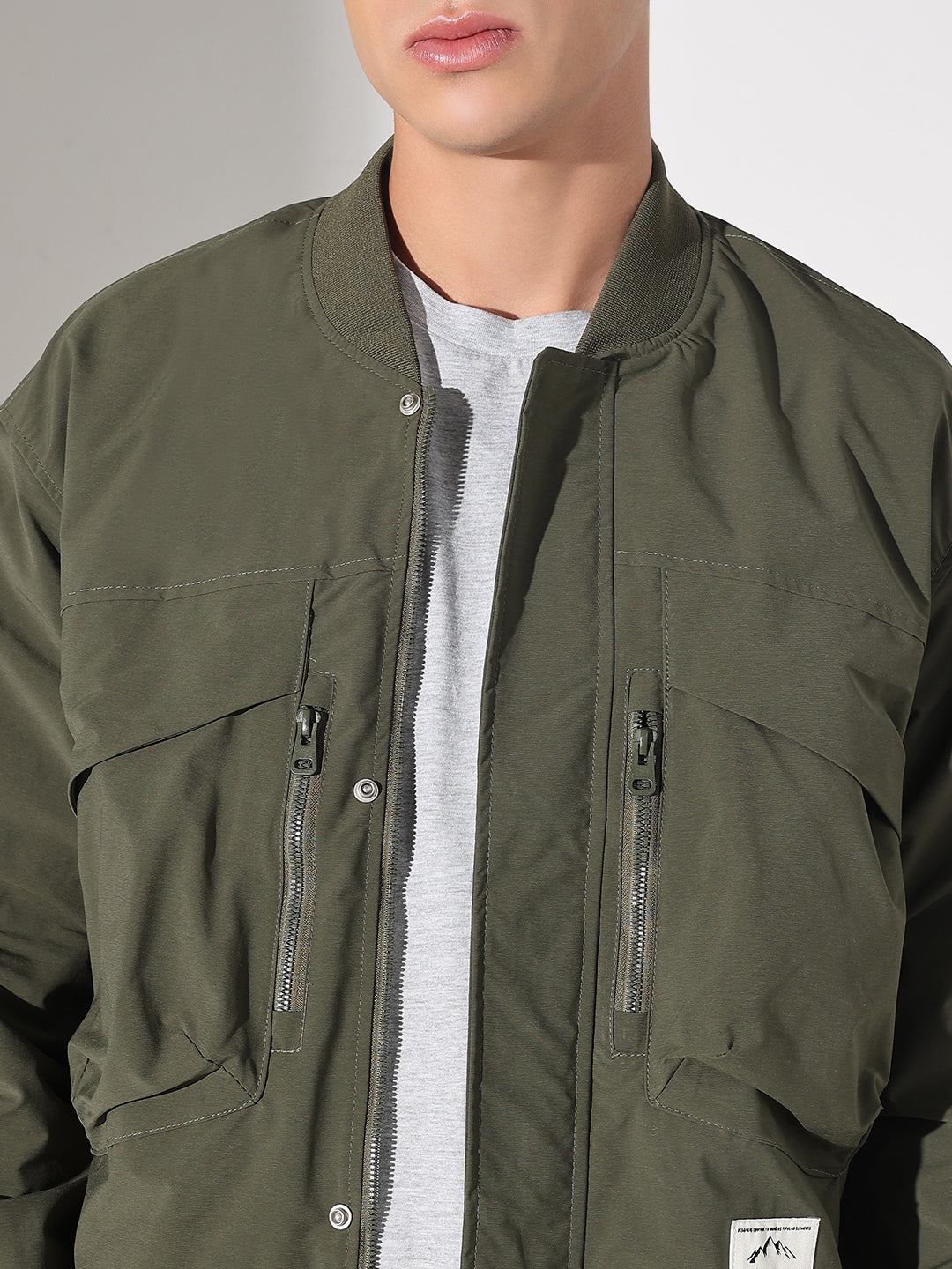 Men's Olive Mandarin Collar Bomber Button Up Jacket with Utility Pockets