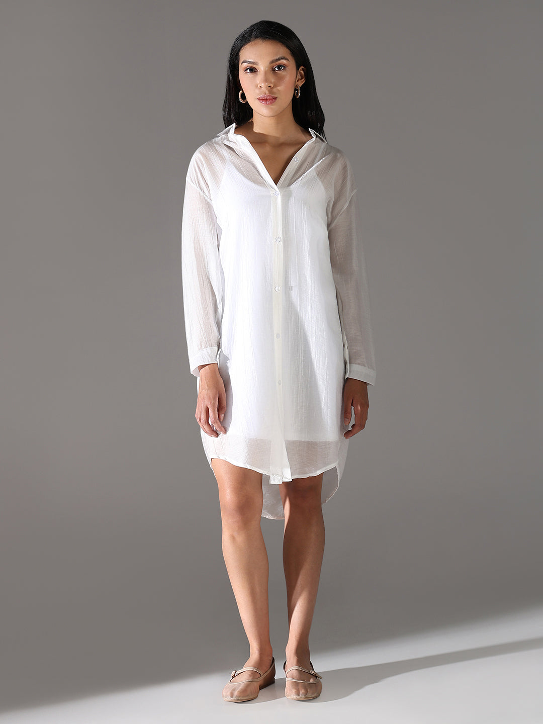 Women White Solid Shirt Dress