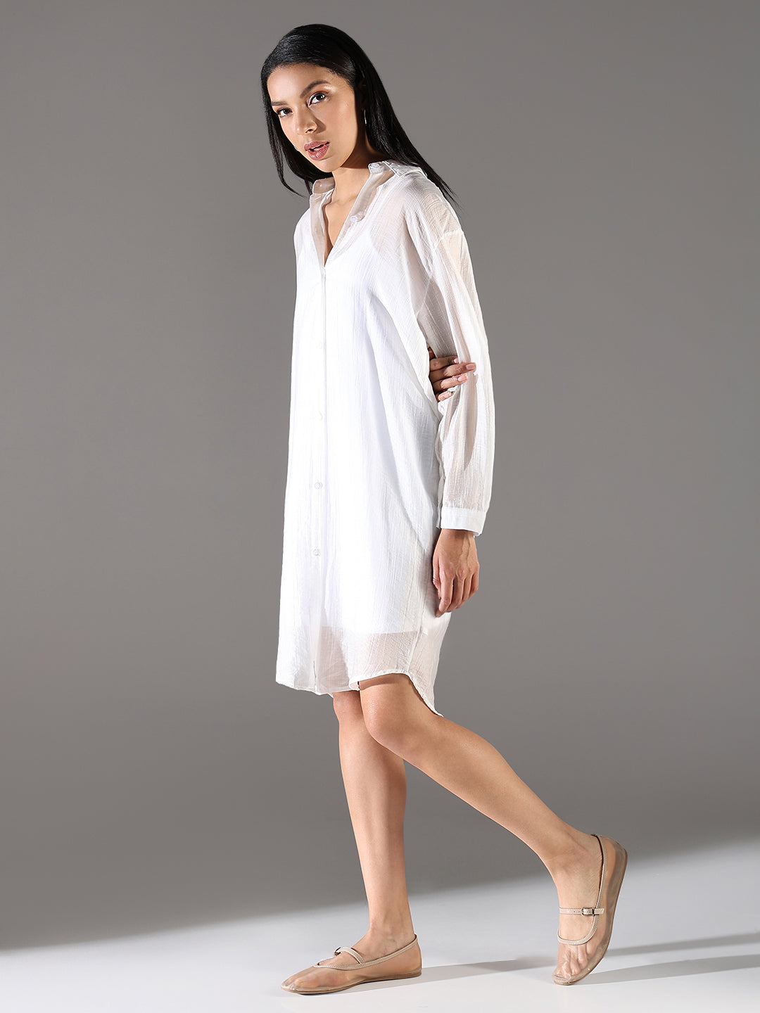 Women White Solid Shirt Dress