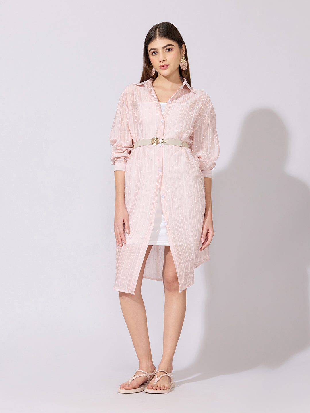 Women's Striped Pink Sheer Shirt Dress