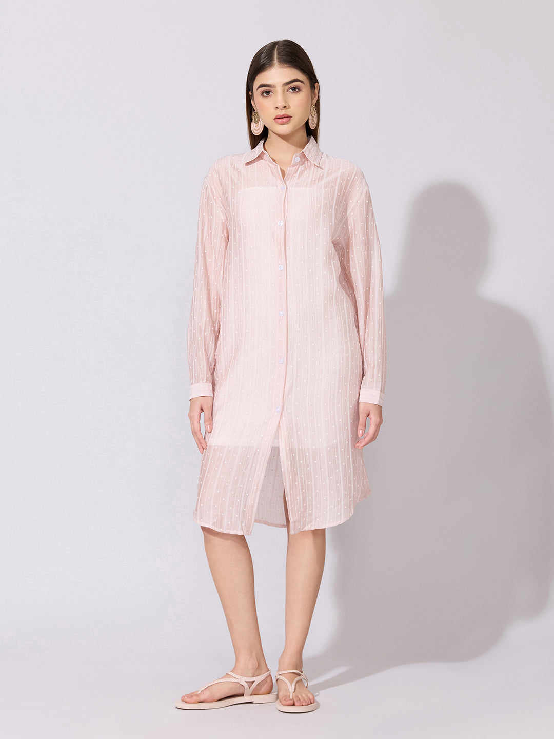 Women's Striped Pink Sheer Shirt Dress