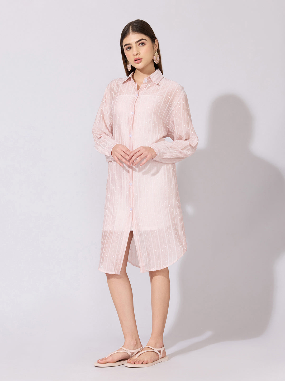Women's Striped Pink Sheer Shirt Dress