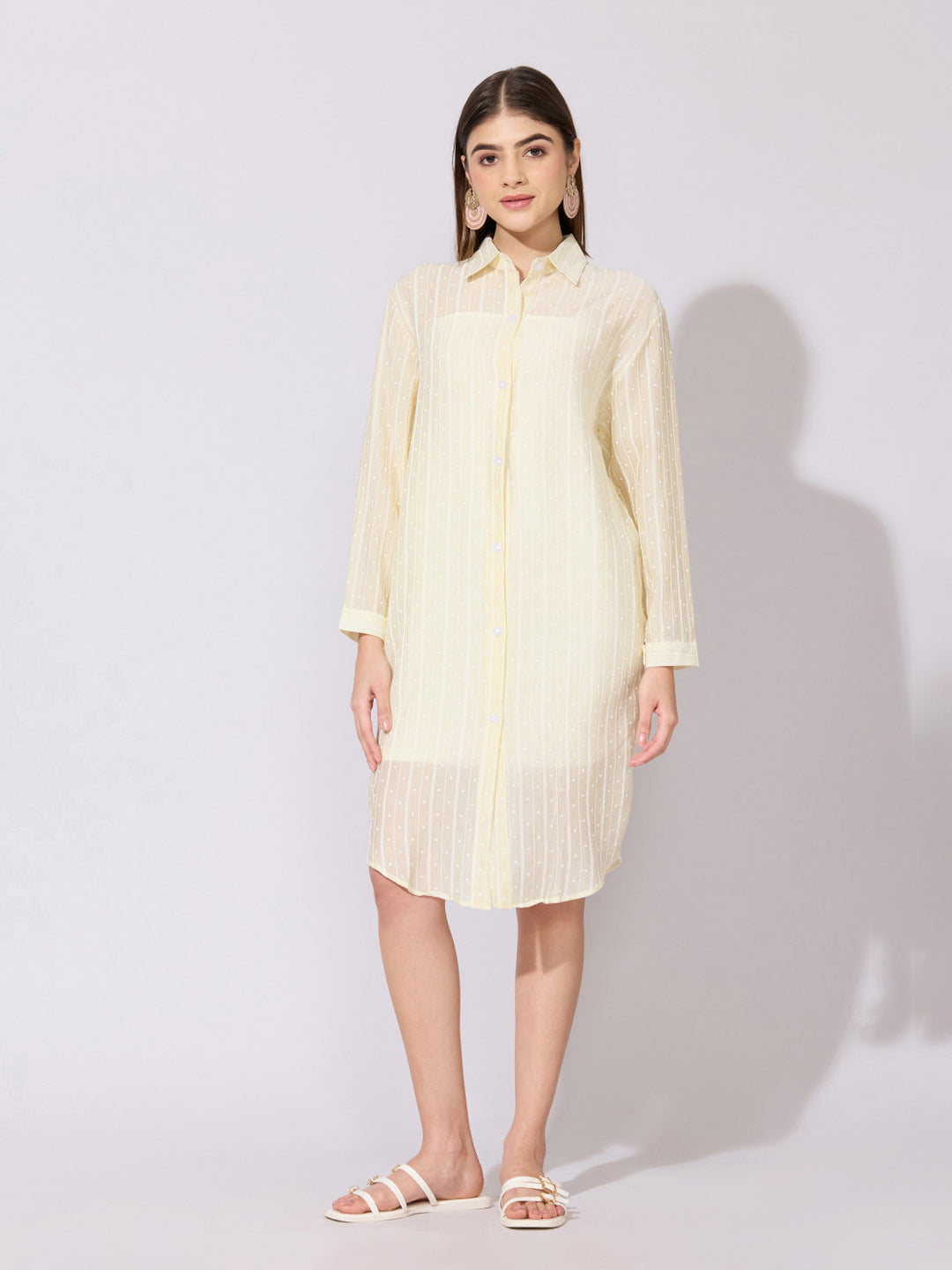 Women's Striped Yellow Sheer Shirt Dress