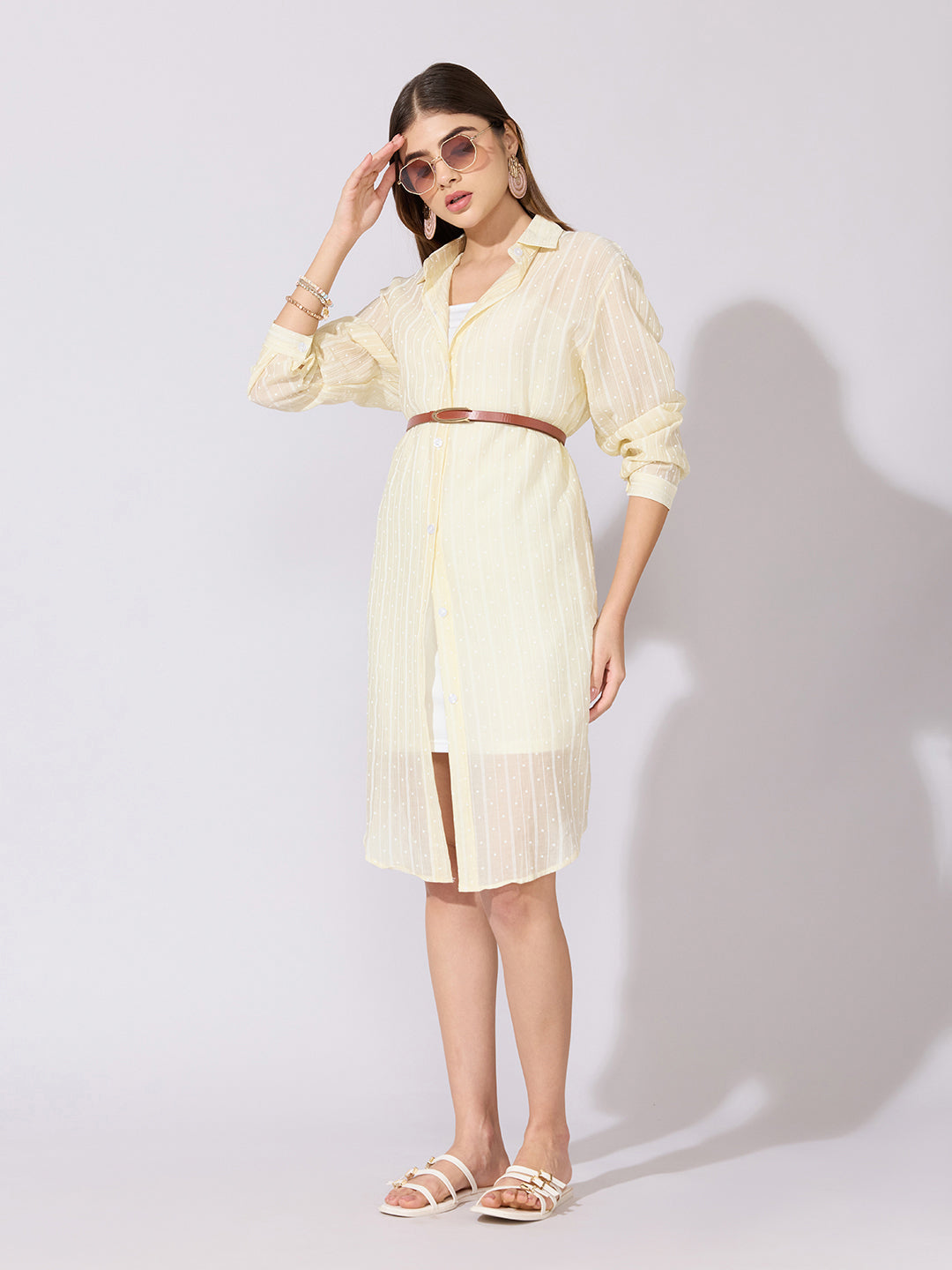 Women's Striped Yellow Sheer Shirt Dress