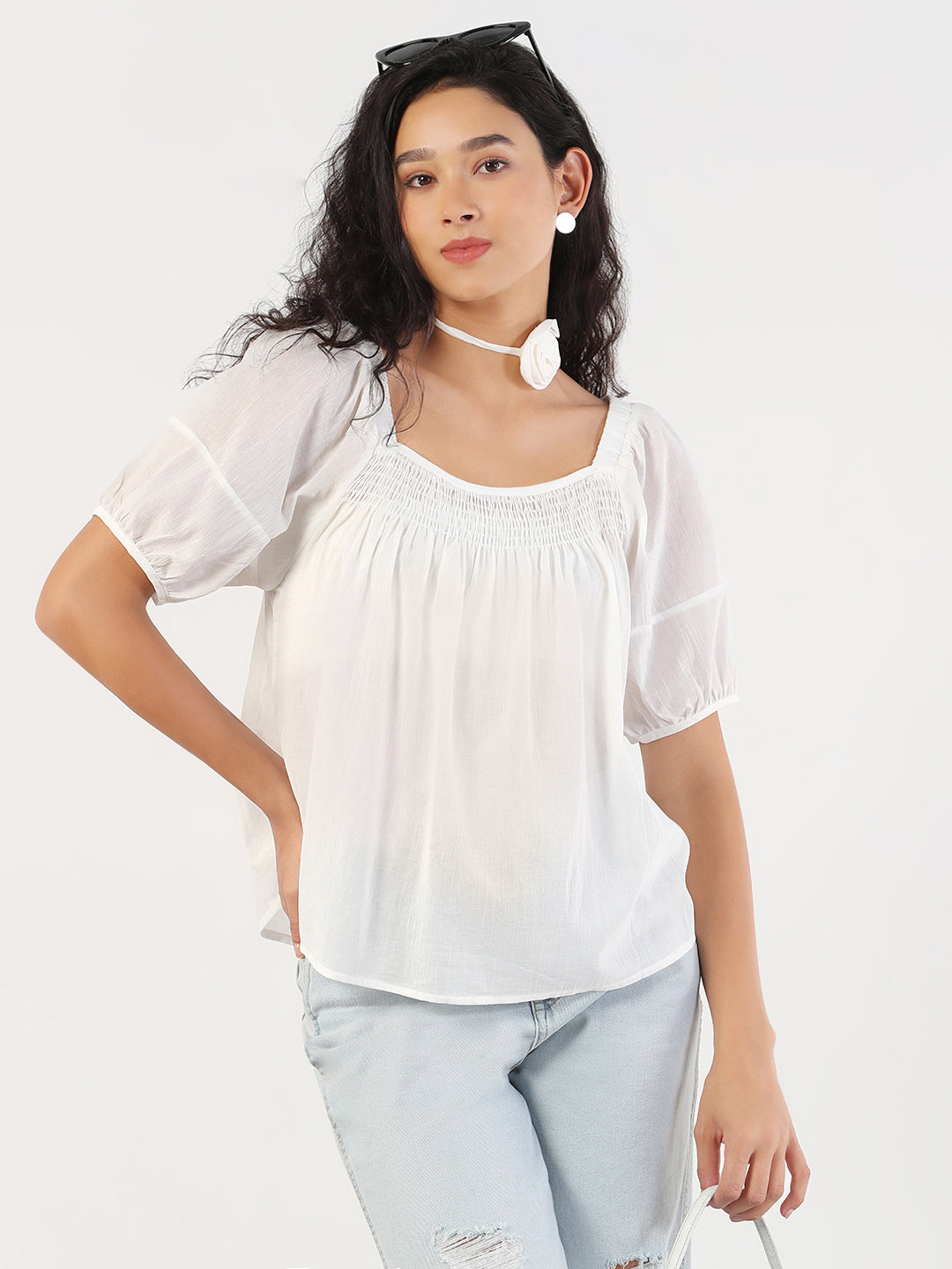 Women Solid Square Neck White Top with Flower Bow