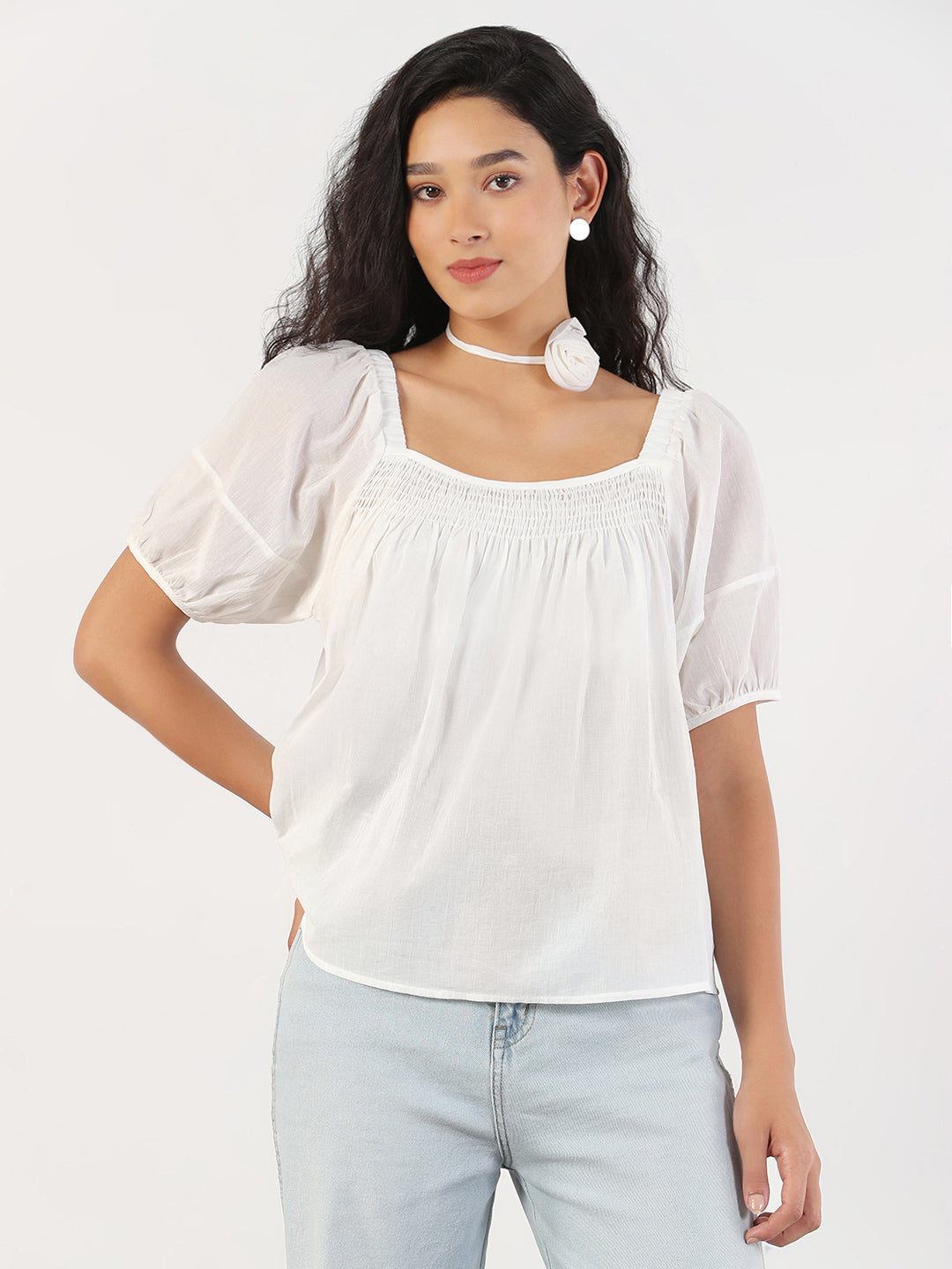 Women Solid Square Neck White Top with Flower Bow