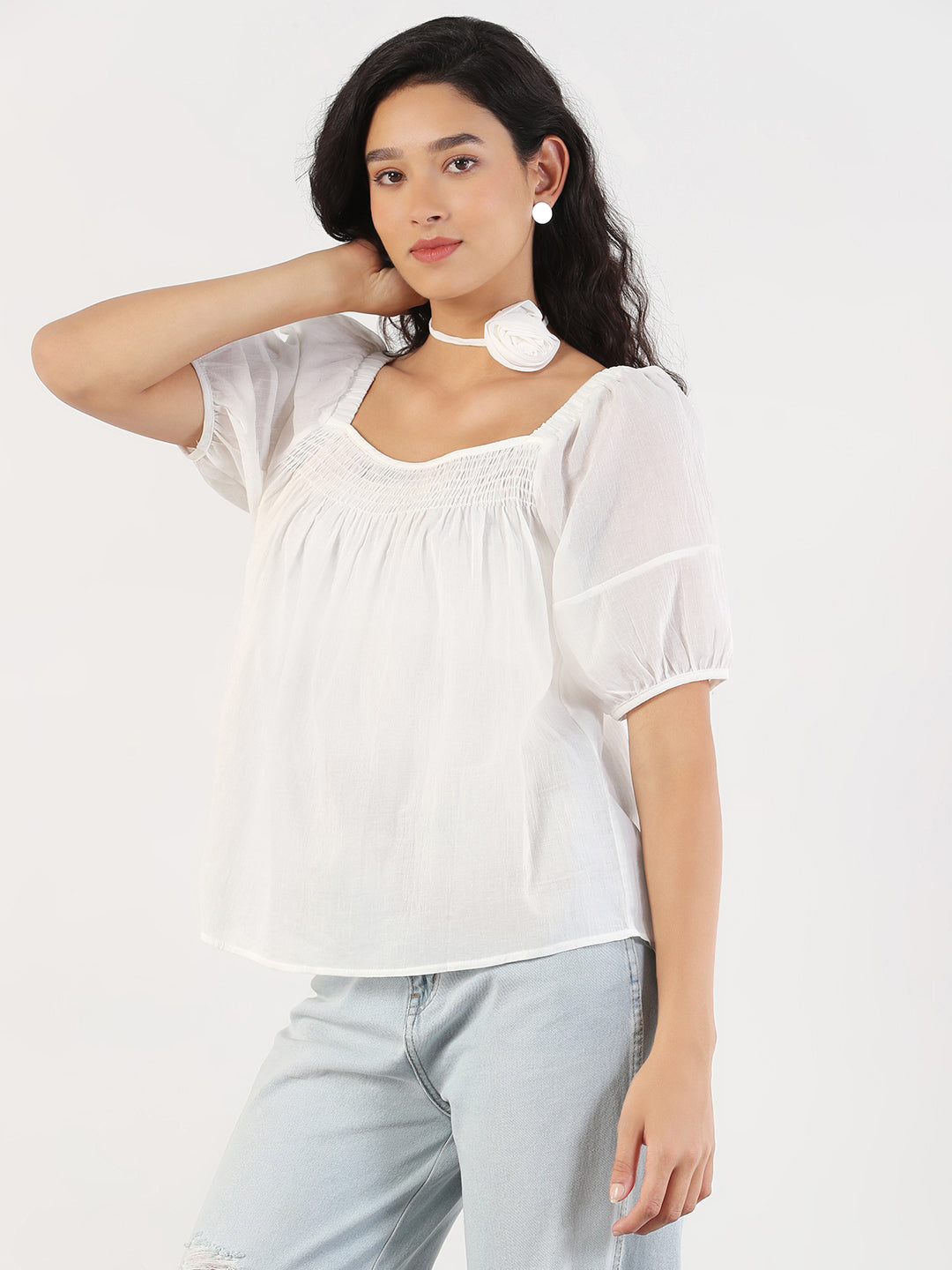 Women Solid Square Neck White Top with Flower Bow