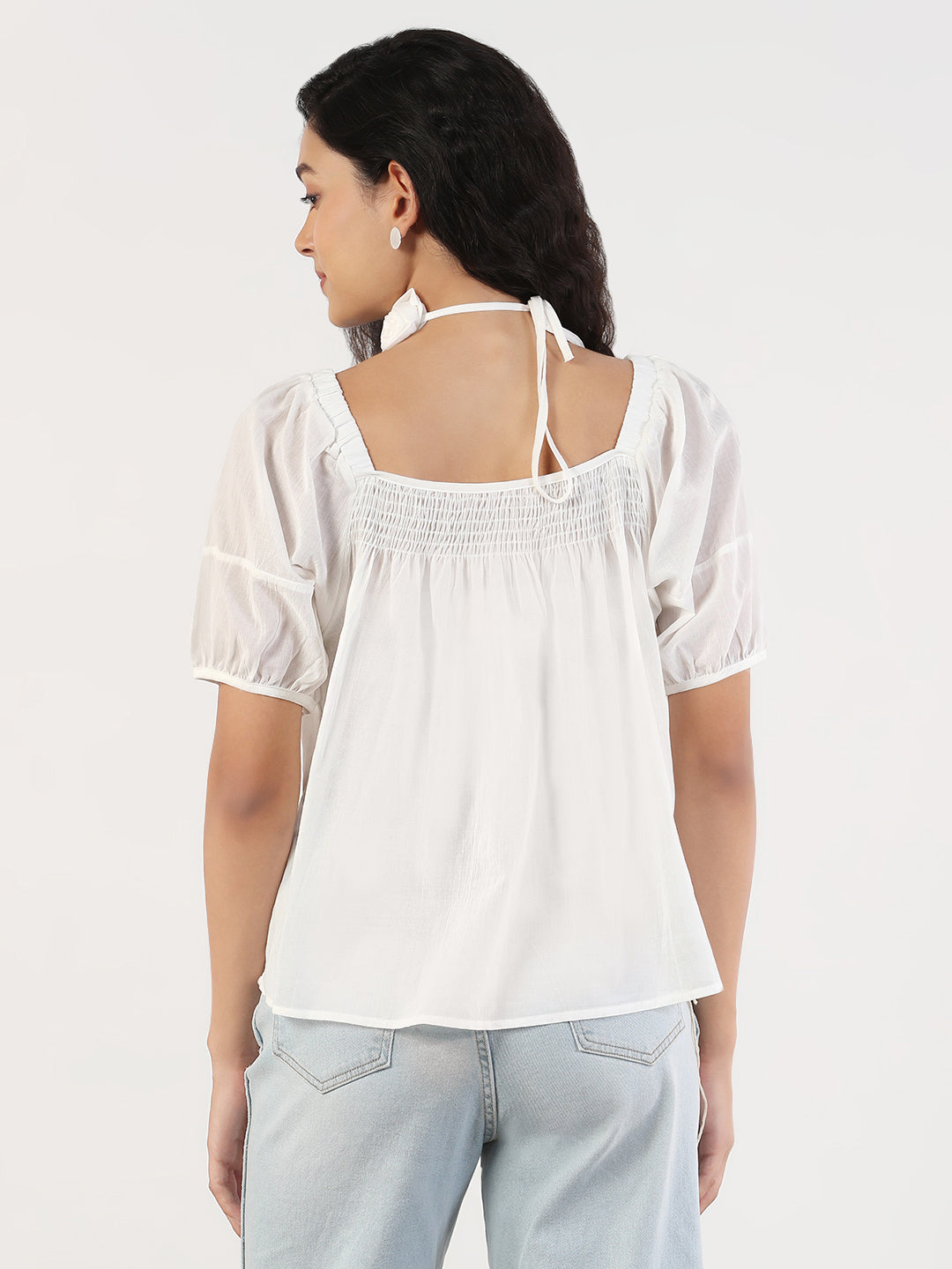 Women Solid Square Neck White Top with Flower Bow