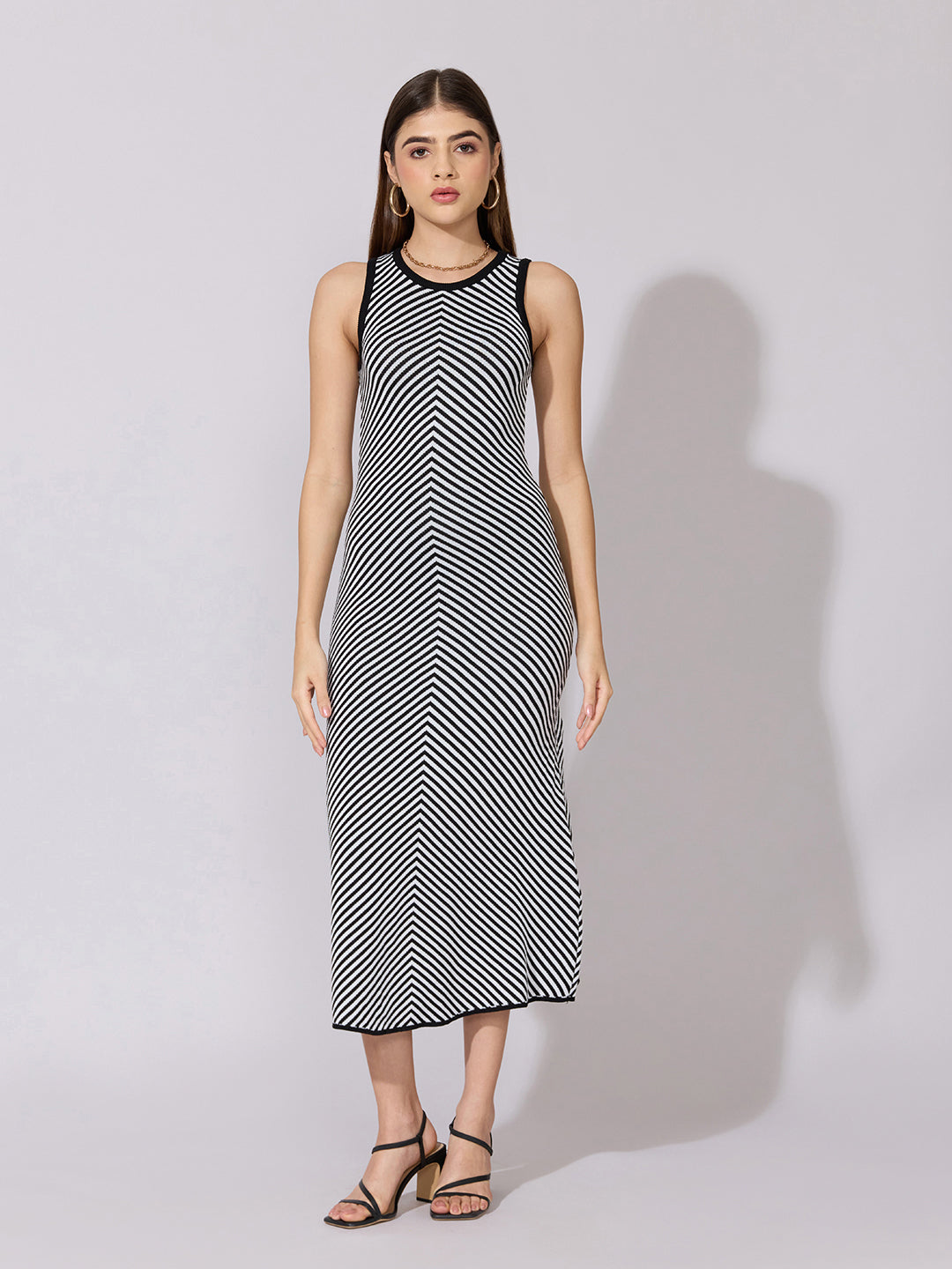 Women's Chevron Striped Black Midi Dress