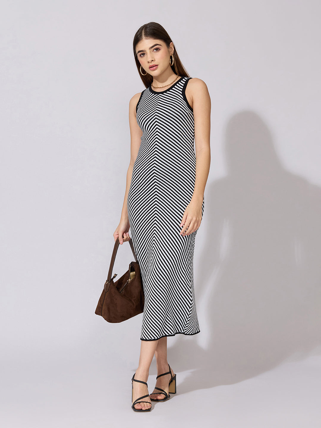 Women's Chevron Striped Black Midi Dress