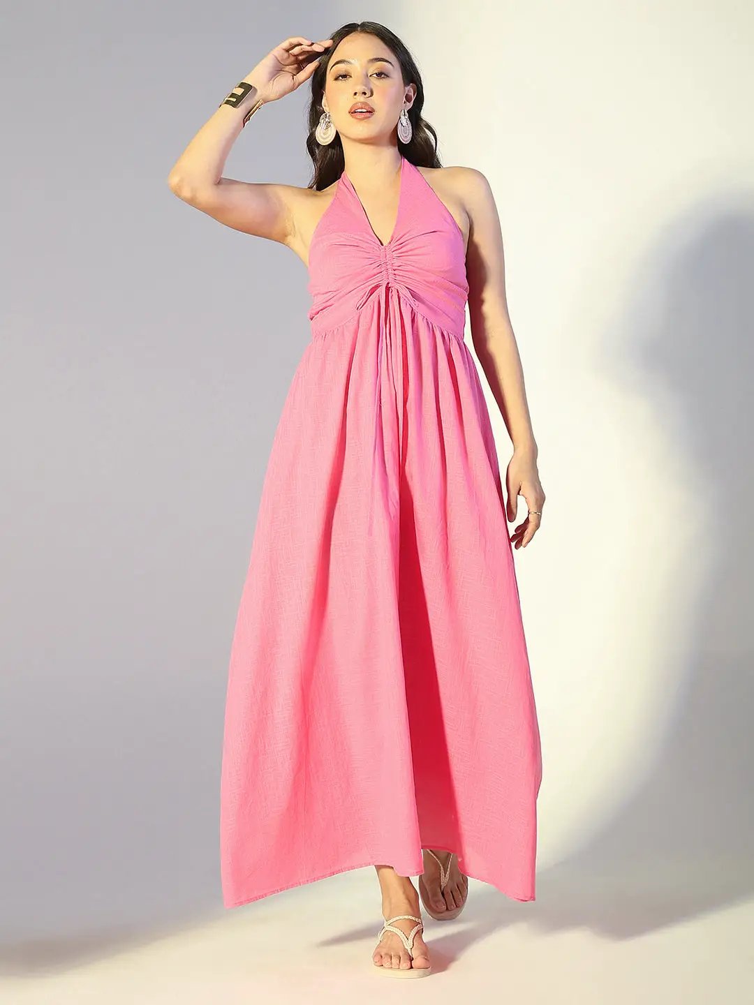 Shop Women's Pink Halter Neck Maxi Dress| Showoffff Shop Women's Pink Halter Neck Maxi Dress| Showoffff