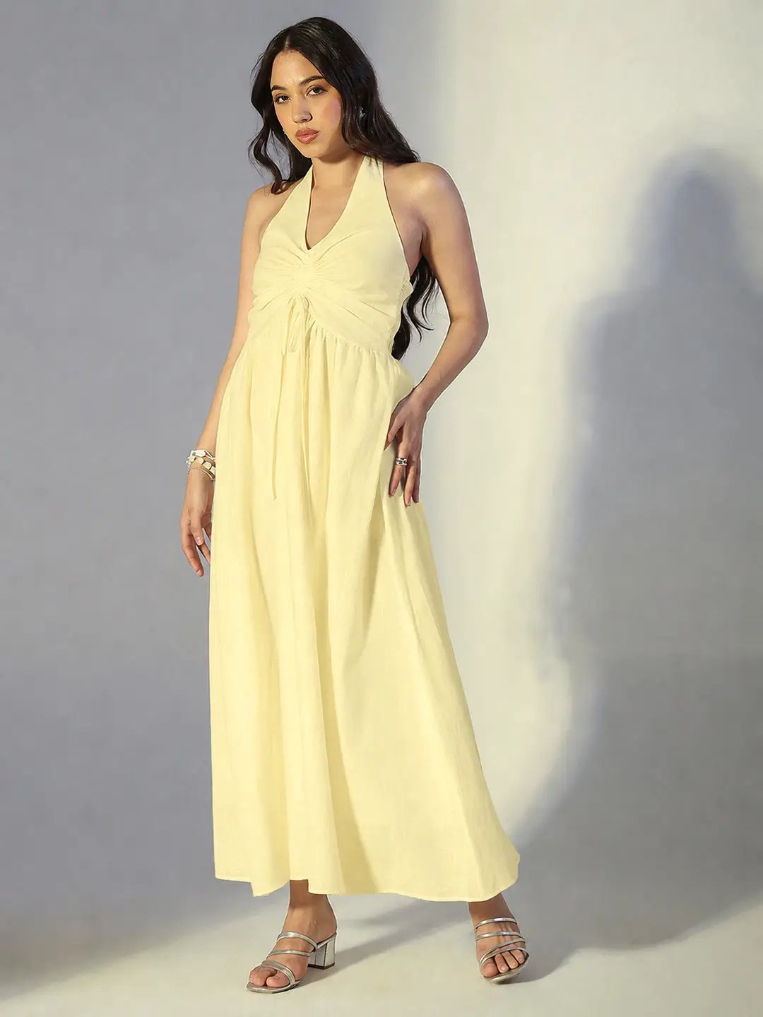 Women's Yellow Halter Neck Maxi Dress