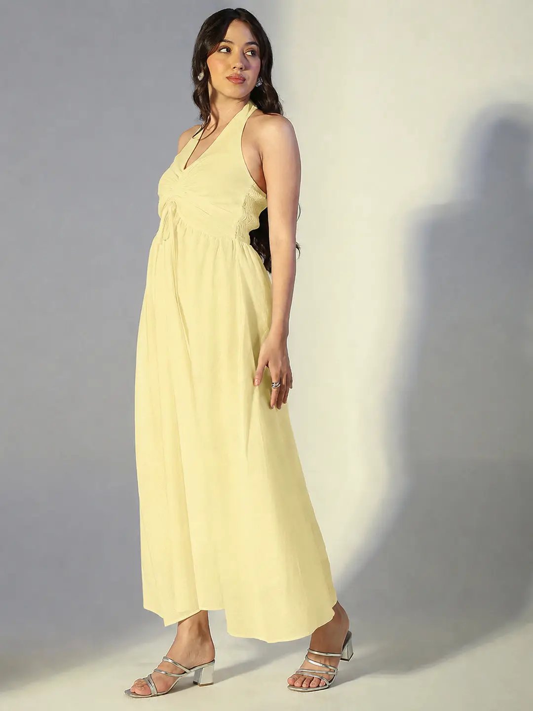 Women's Yellow Halter Neck Maxi Dress