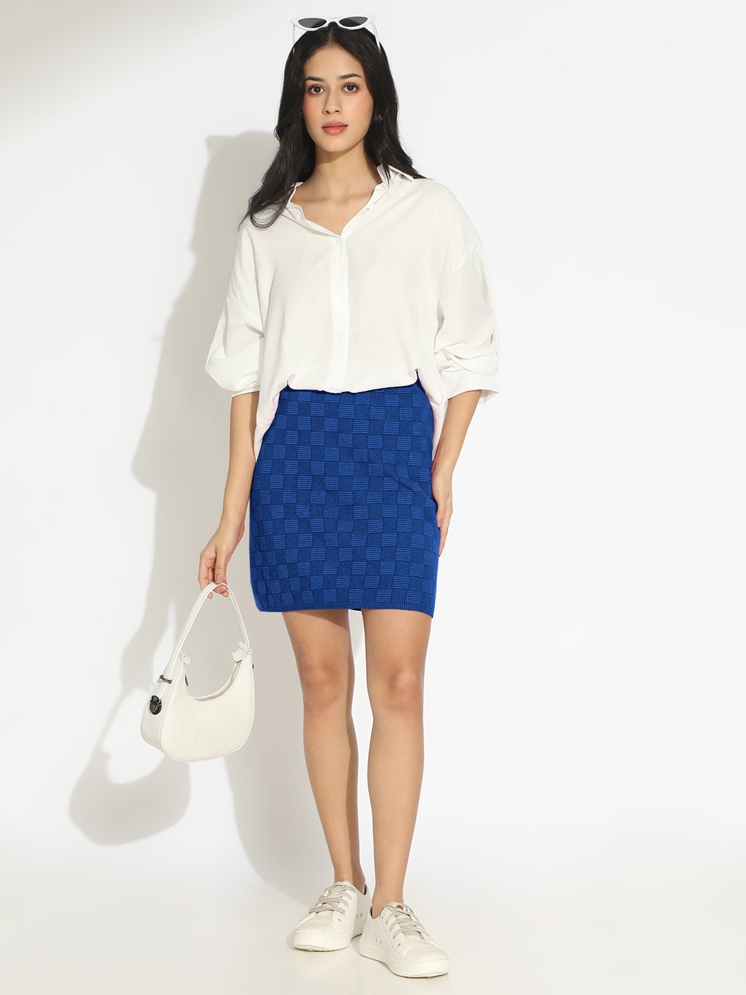 Women's Textured Blue Checked Mini Skirt