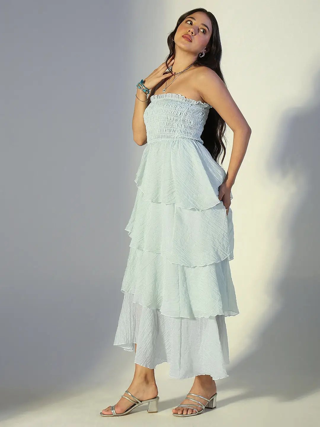 Women's Blue Smocked Strapless Layered Ruffle Dress
