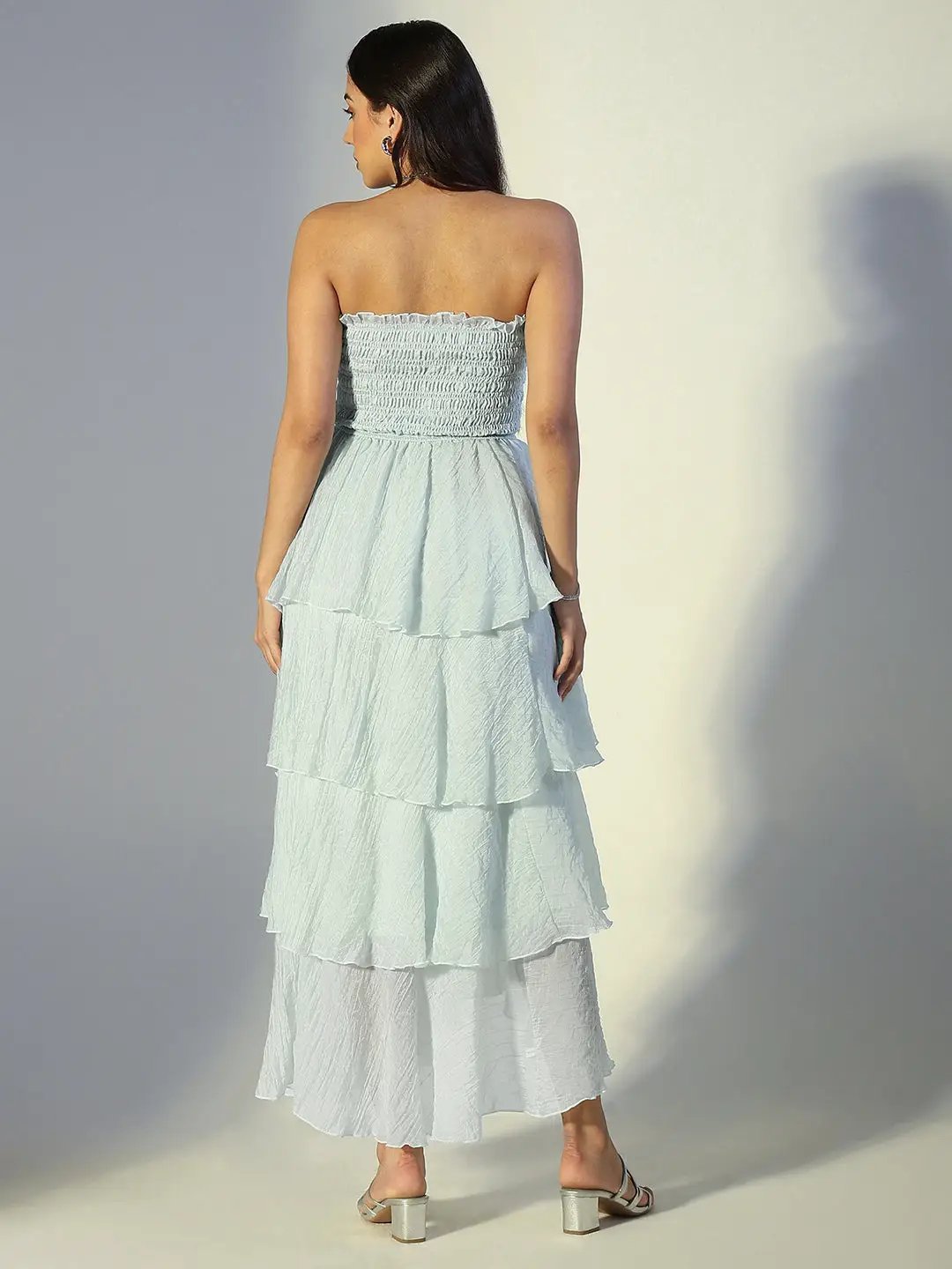 Women's Blue Smocked Strapless Layered Ruffle Dress