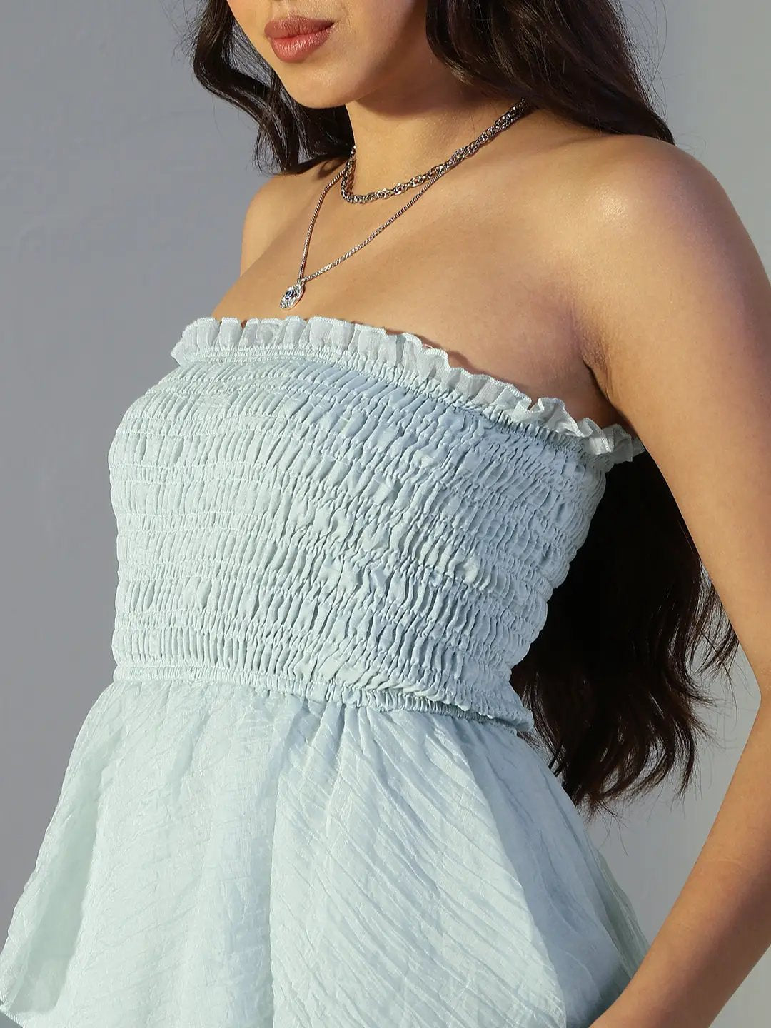 Women's Blue Smocked Strapless Layered Ruffle Dress