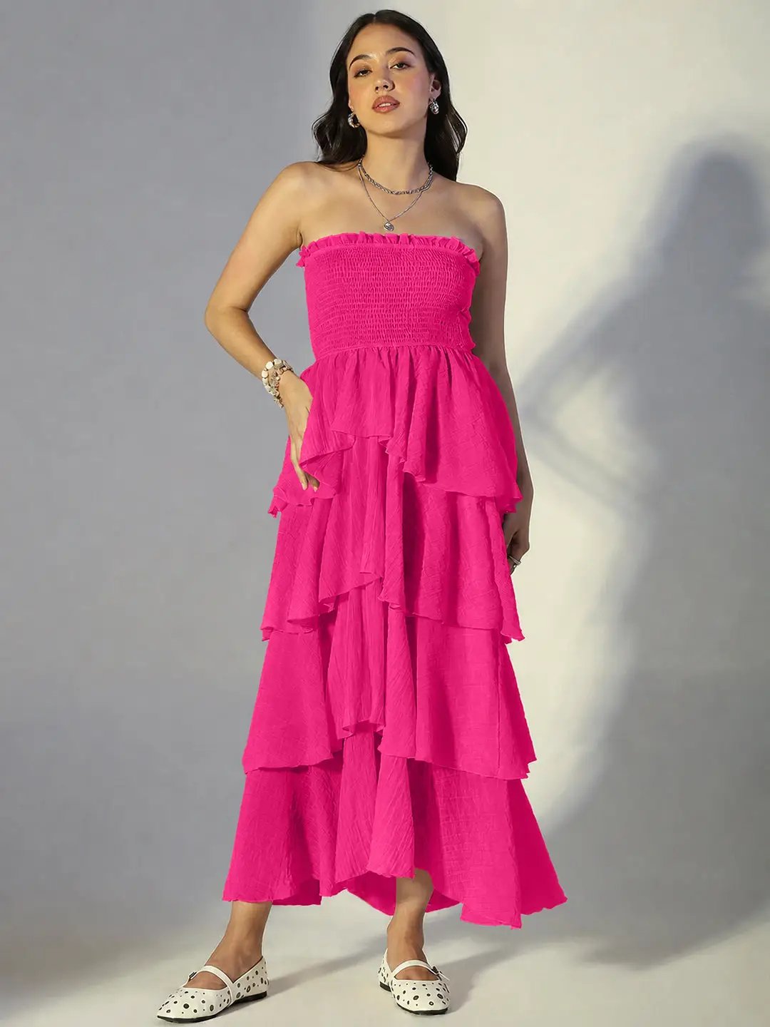 Women's Pink Solid A-Line Dress With Drape Over