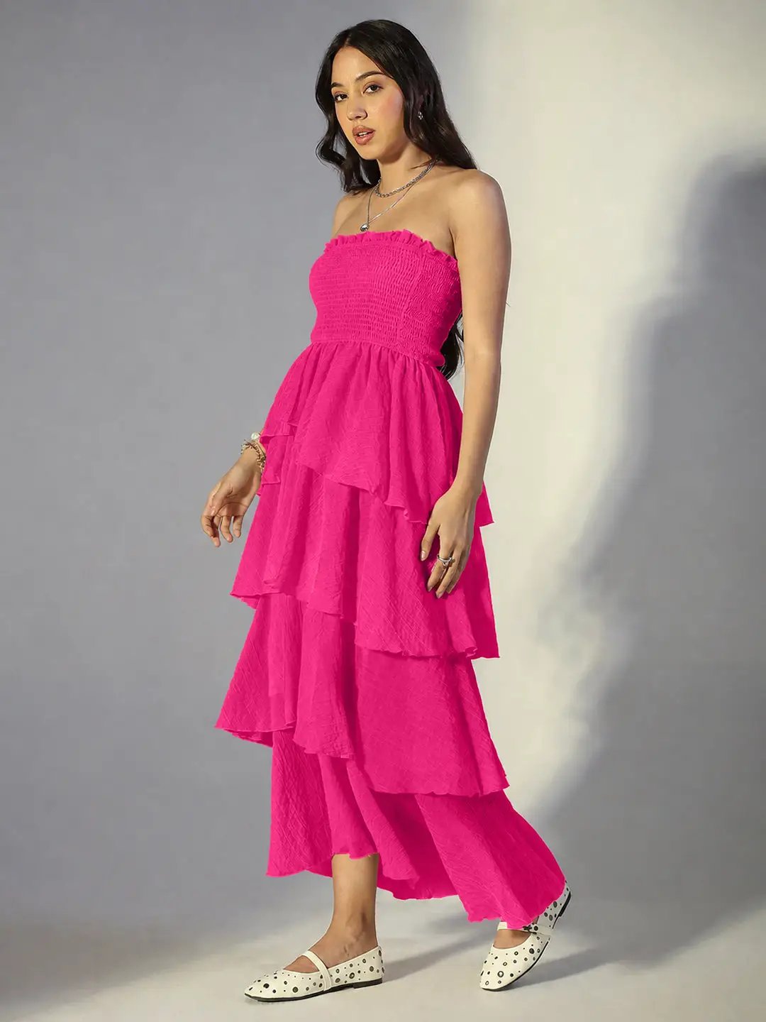 Women's Pink Solid A-Line Dress With Drape Over