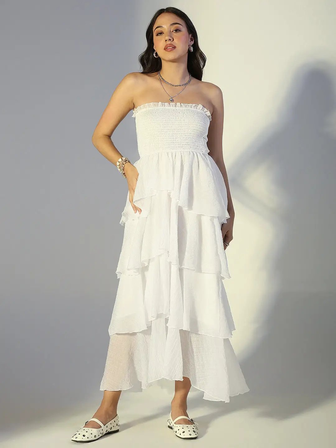 layered ruffle white dress Made For You Tiered Ruffle Midi Dress White XL