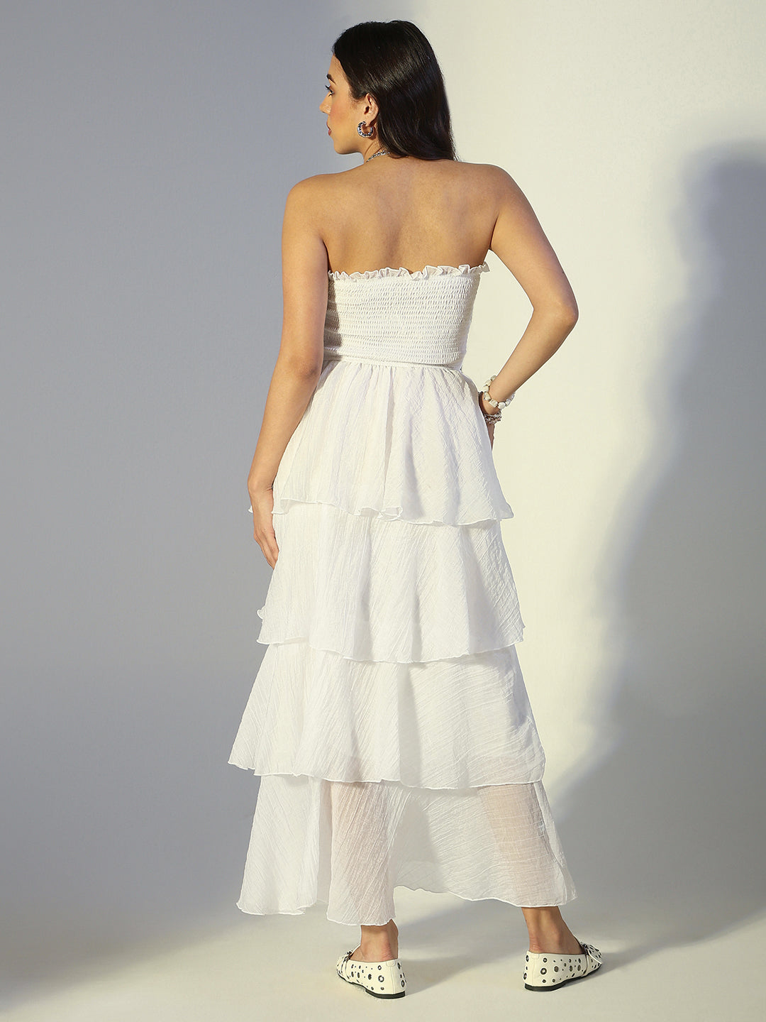 Women's White Smocked Strapless Layered Ruffle Dress