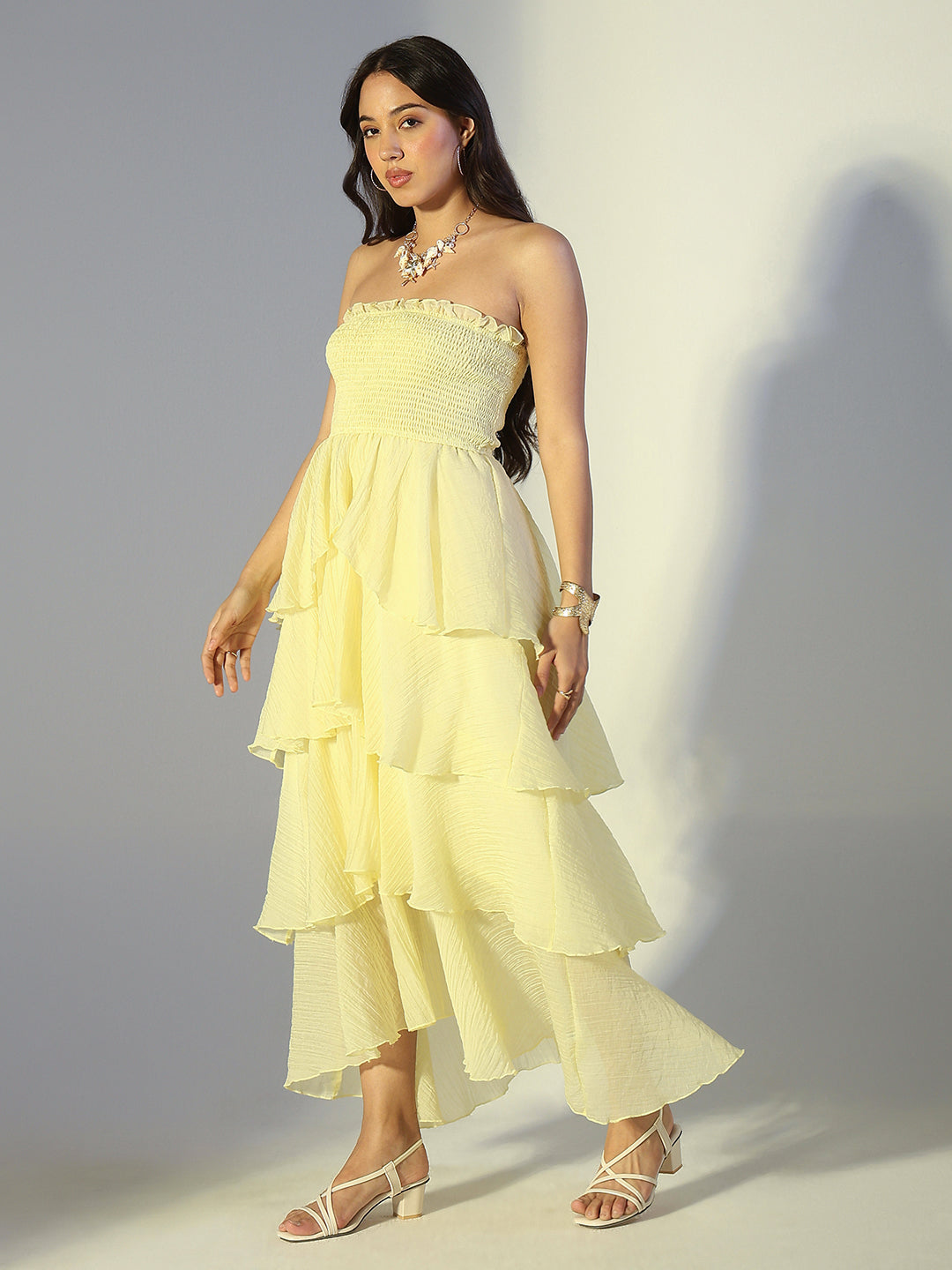 Women's Yellow Smocked Strapless Layered Ruffle Dress