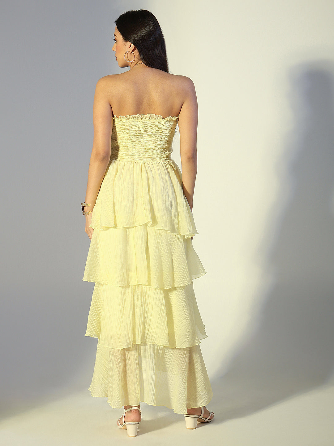 Women's Yellow Smocked Strapless Layered Ruffle Dress