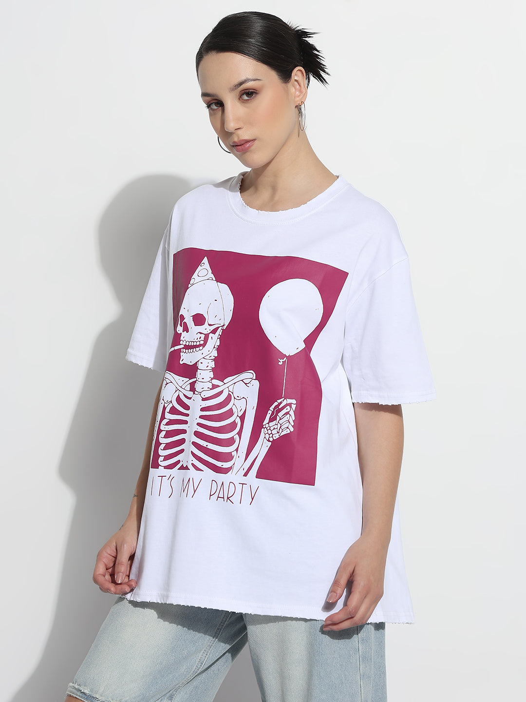 Women's Graphic Print White Relaxed Fit T-Shirt