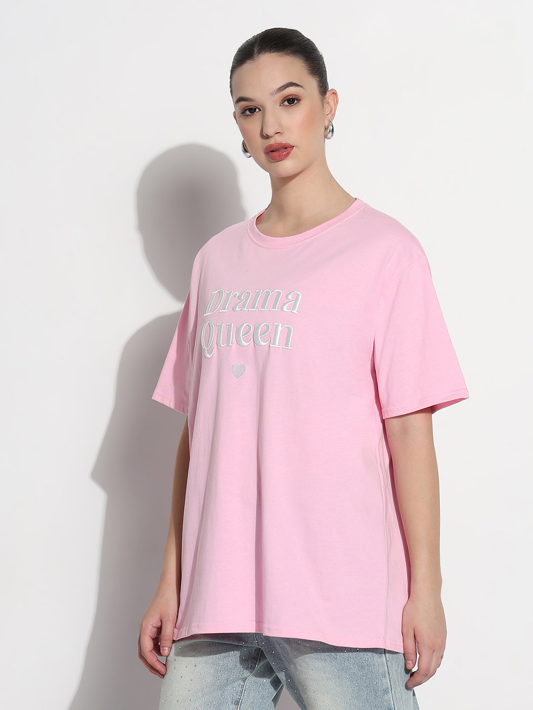 Women's Typography Embroidered Pink Relaxed Fit T-Shirt