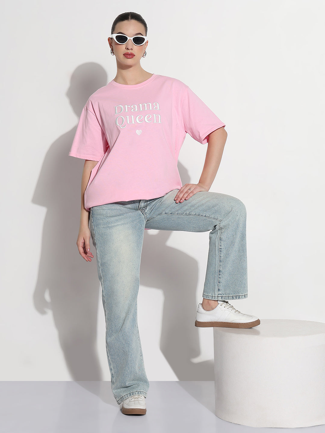 Women's Typography Embroidered Pink Relaxed Fit T-Shirt