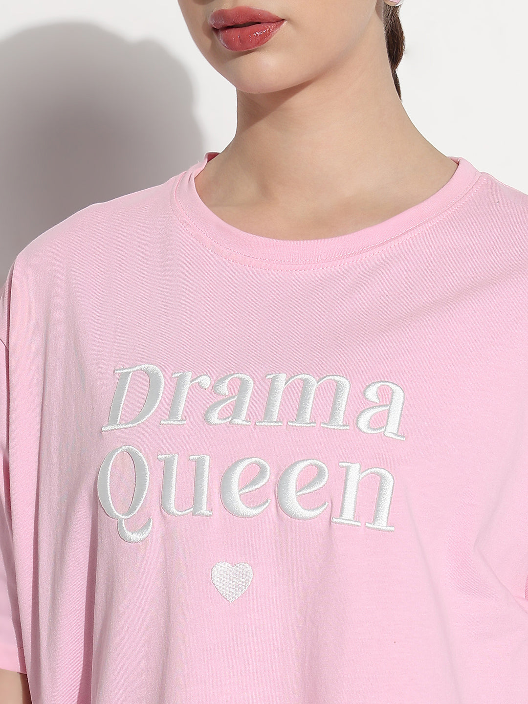Women's Typography Embroidered Pink Relaxed Fit T-Shirt