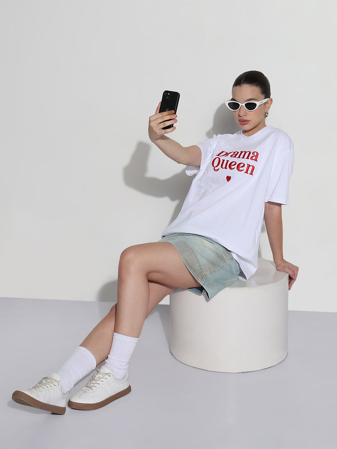 Women's Typography Embroidered White Relaxed Fit T-Shirt