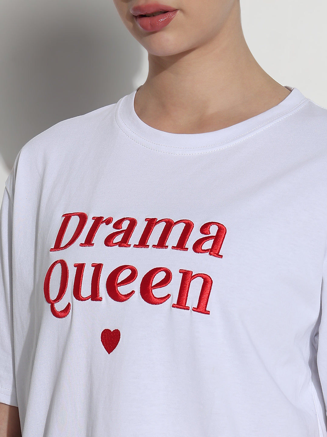 Women's Typography Embroidered White Relaxed Fit T-Shirt