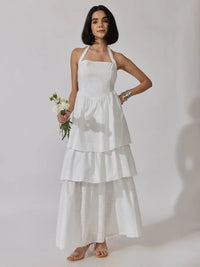 Women's White Tiered Halter Neck Maxi Dress