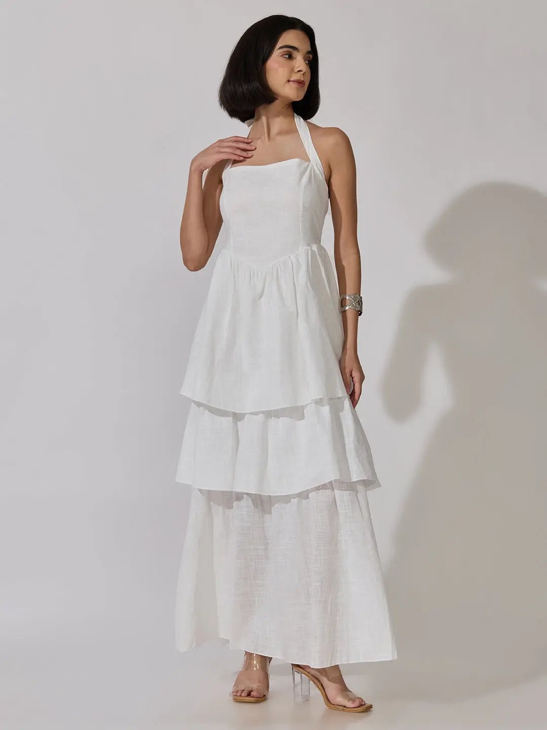 Women's White Tiered Maxi Dress with Tie-Up Neck Detail