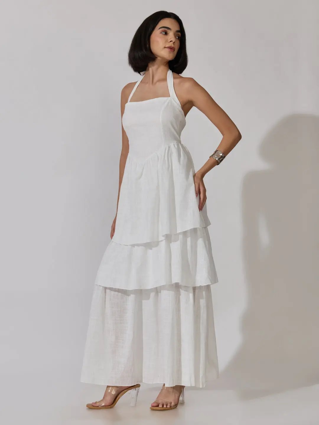 Women's White Tiered Maxi Dress with Tie-Up Neck Detail