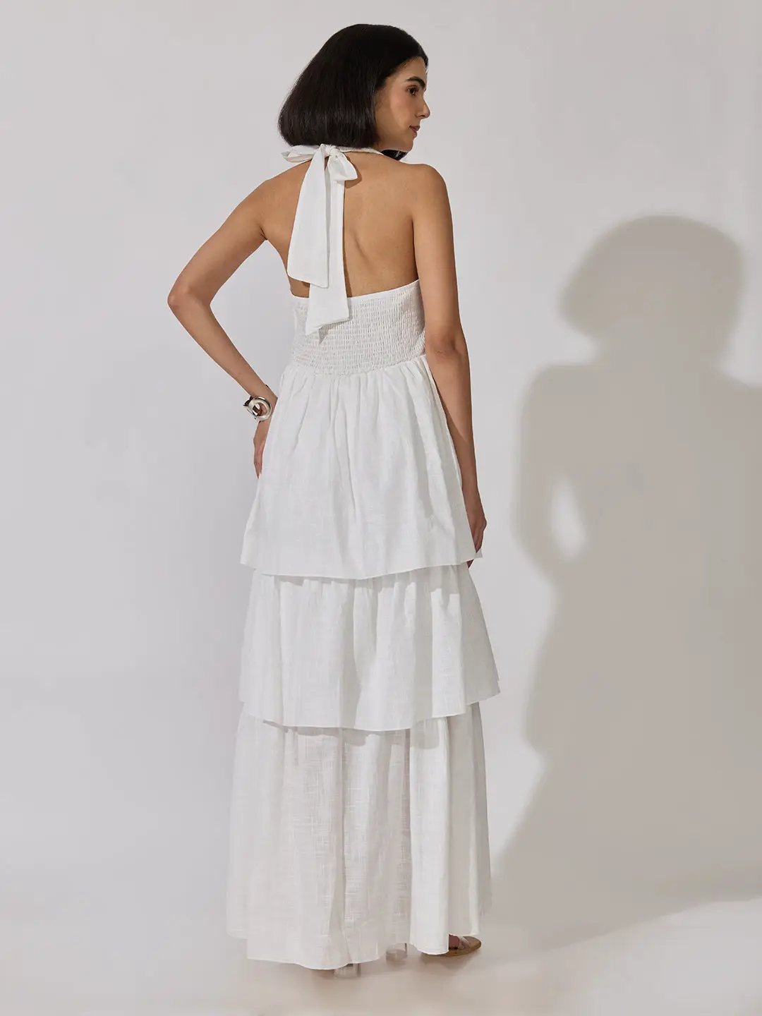 Women's White Tiered Maxi Dress with Tie-Up Neck Detail
