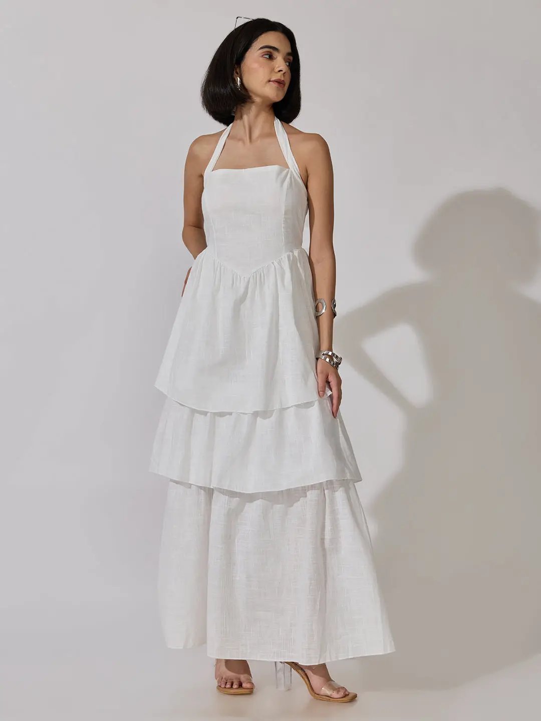 Women's White Tiered Maxi Dress with Tie-Up Neck Detail