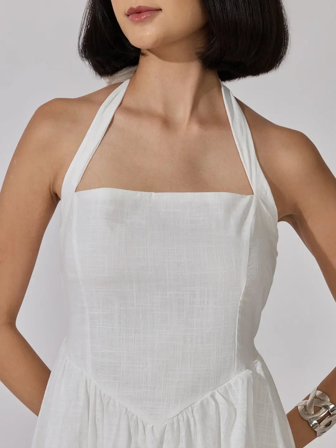 Women's White Tiered Maxi Dress with Tie-Up Neck Detail