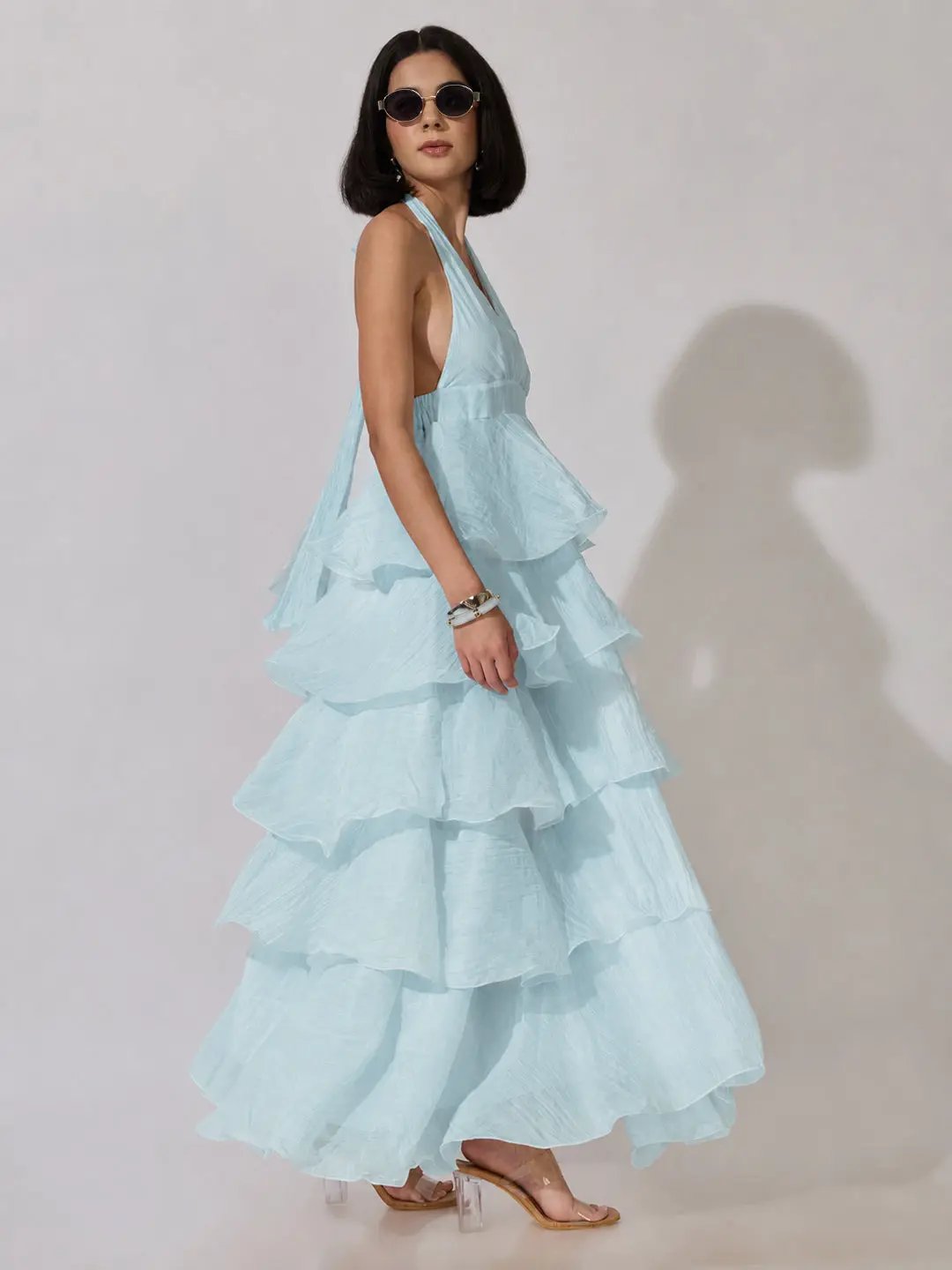 Women's Blue Tie-Up Neck Maxi Dress with Ruffle Detail - from SHOWOFFFF