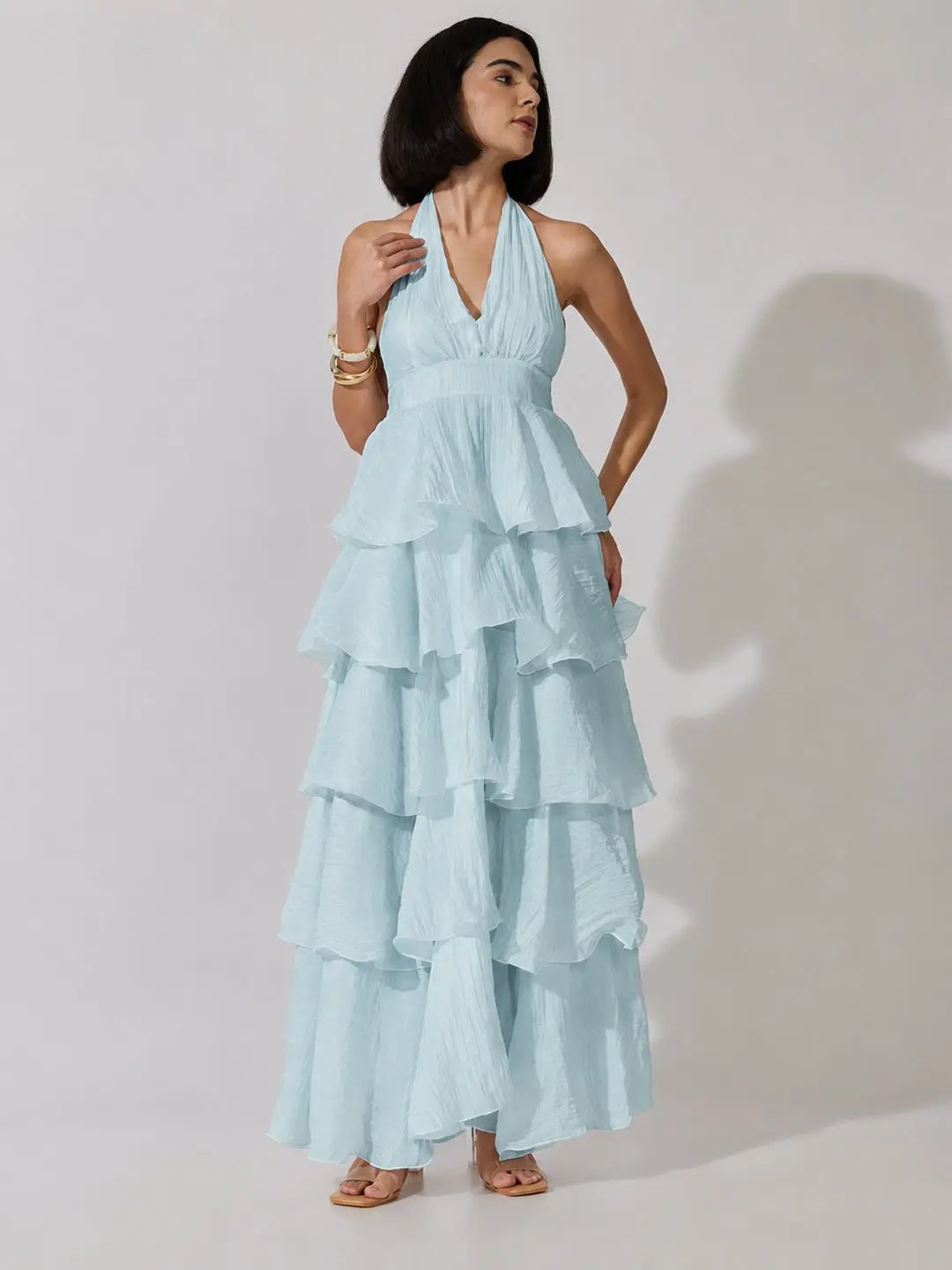Women's Blue Tie-Up Neck Maxi Dress with Ruffle Detail - from SHOWOFFFF