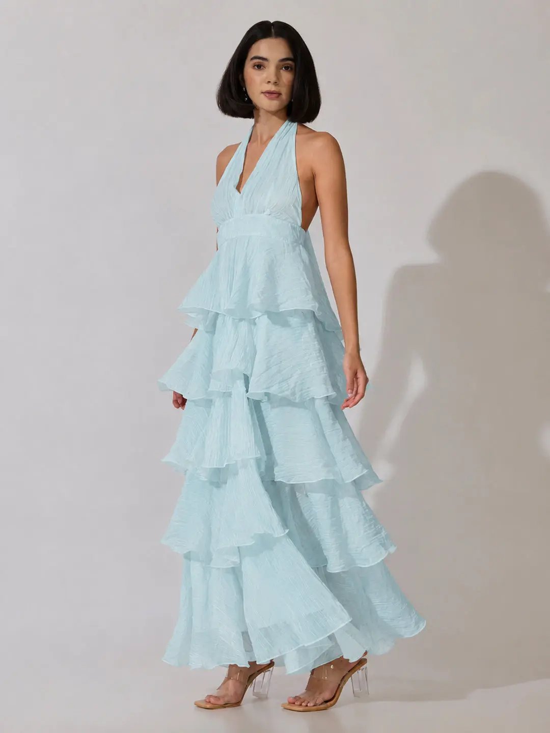 Women's Blue Tie-Up Neck Maxi Dress with Ruffle Detail - from SHOWOFFFF