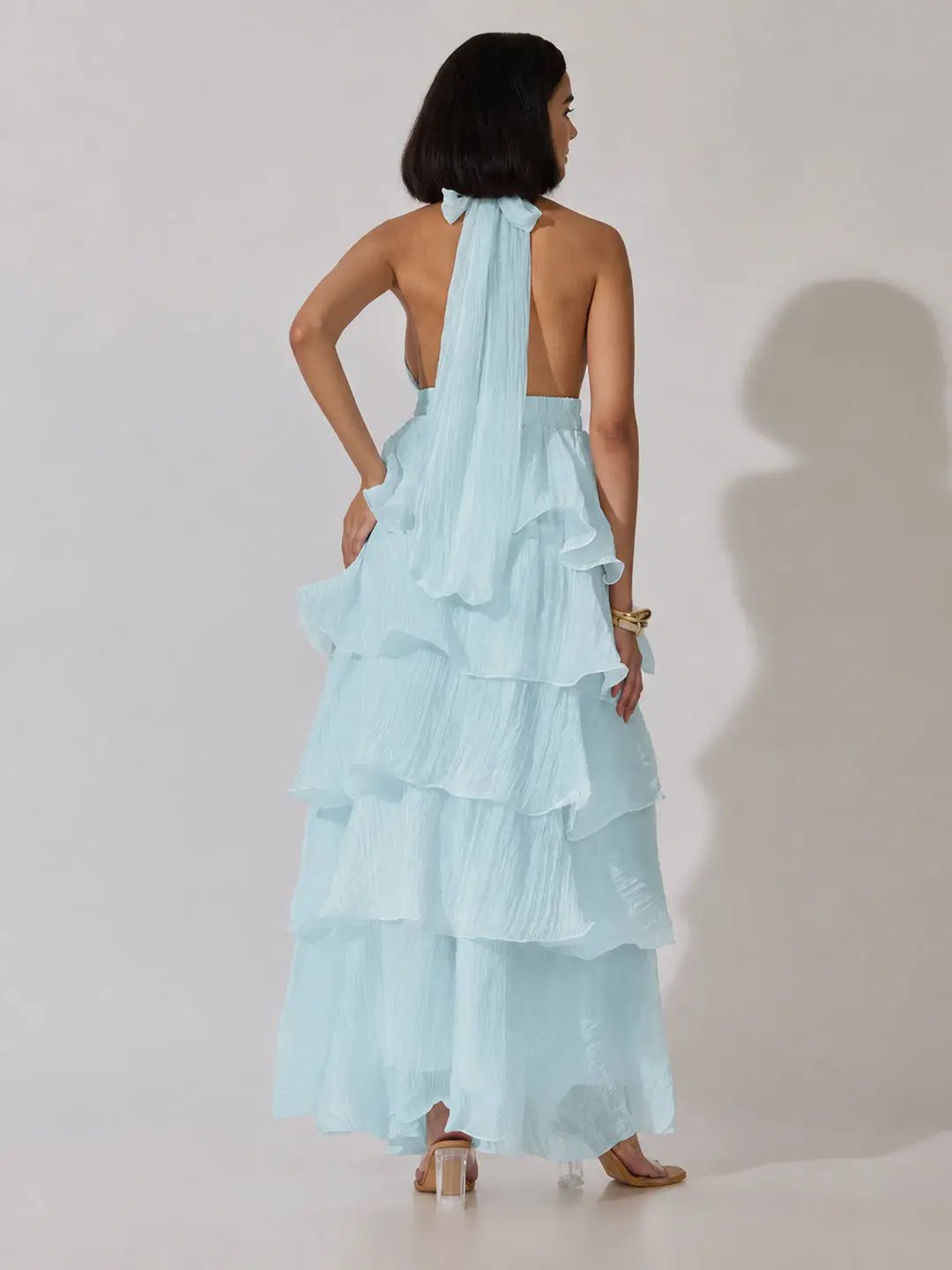 Women's Blue Tie-Up Neck Maxi Dress with Ruffle Detail - from SHOWOFFFF