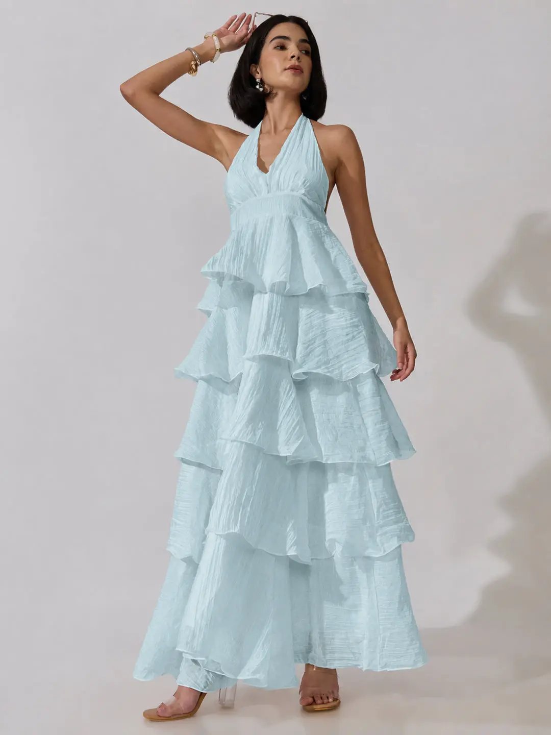 Women's Blue Tie-Up Neck Maxi Dress with Ruffle Detail - from SHOWOFFFF