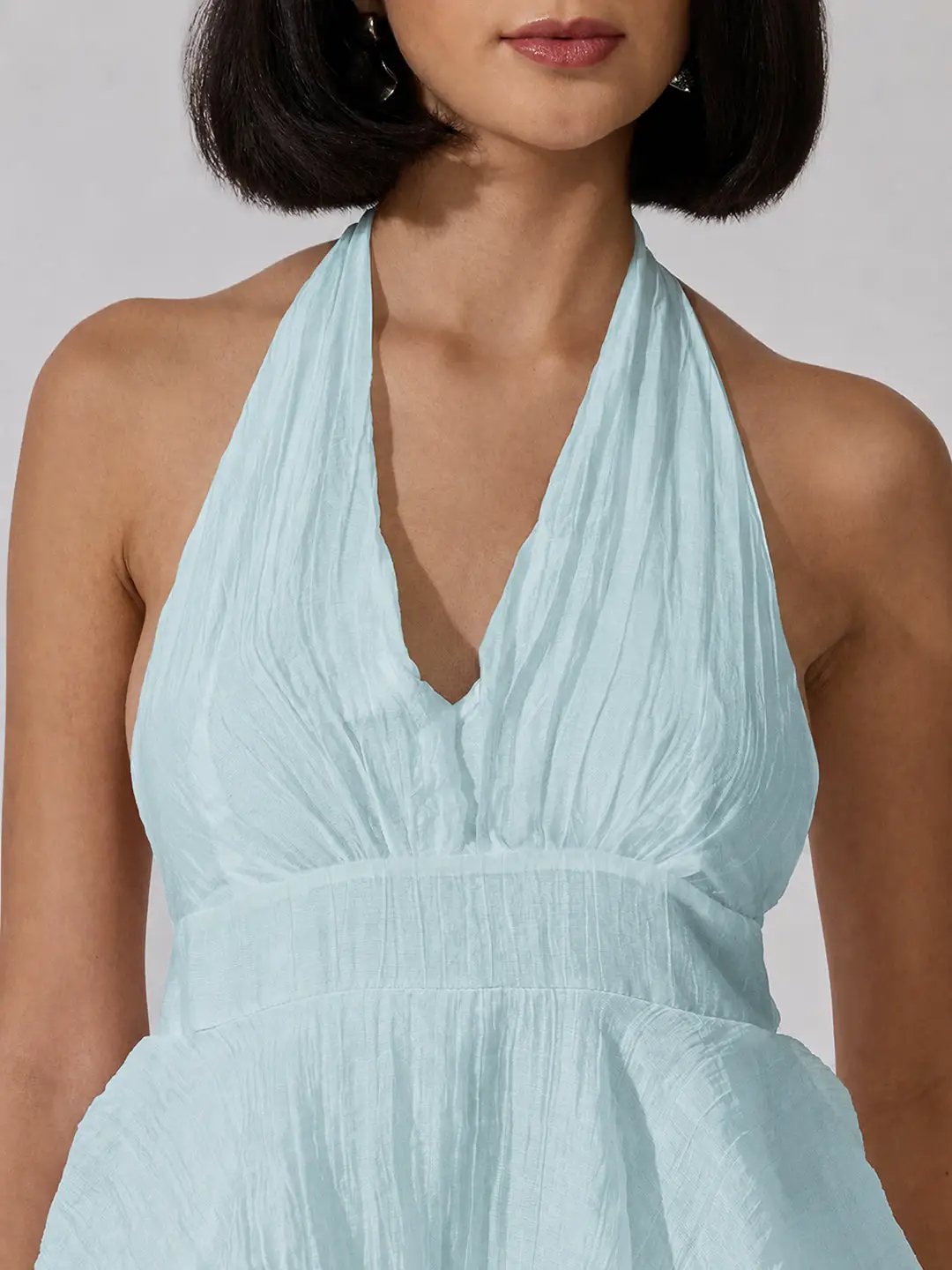 Women's Blue Tie-Up Neck Maxi Dress with Ruffle Detail - from SHOWOFFFF