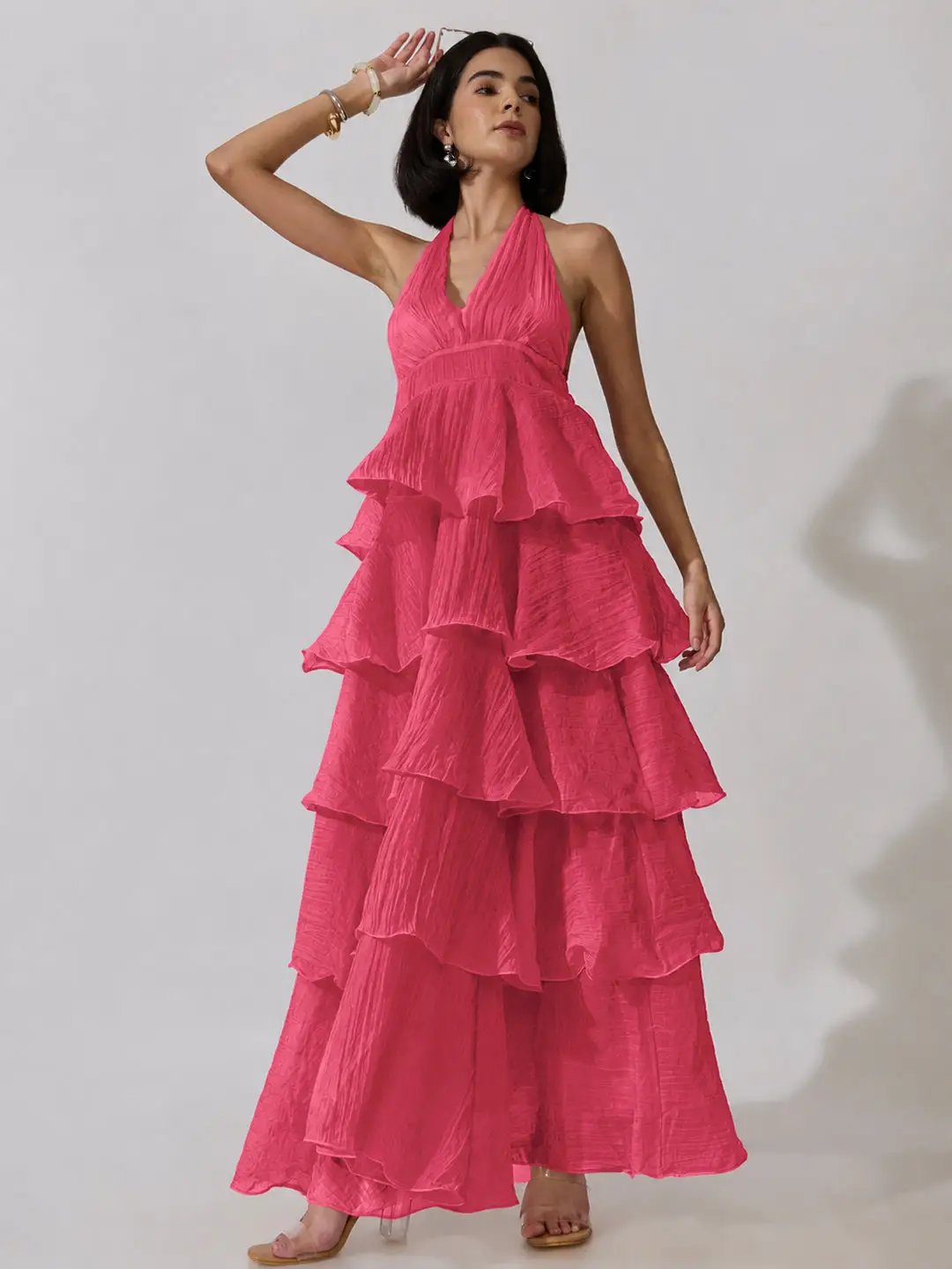 Women's Pink Tie-Up Neck Maxi Dress with Ruffle Detail - from SHOWOFFFF