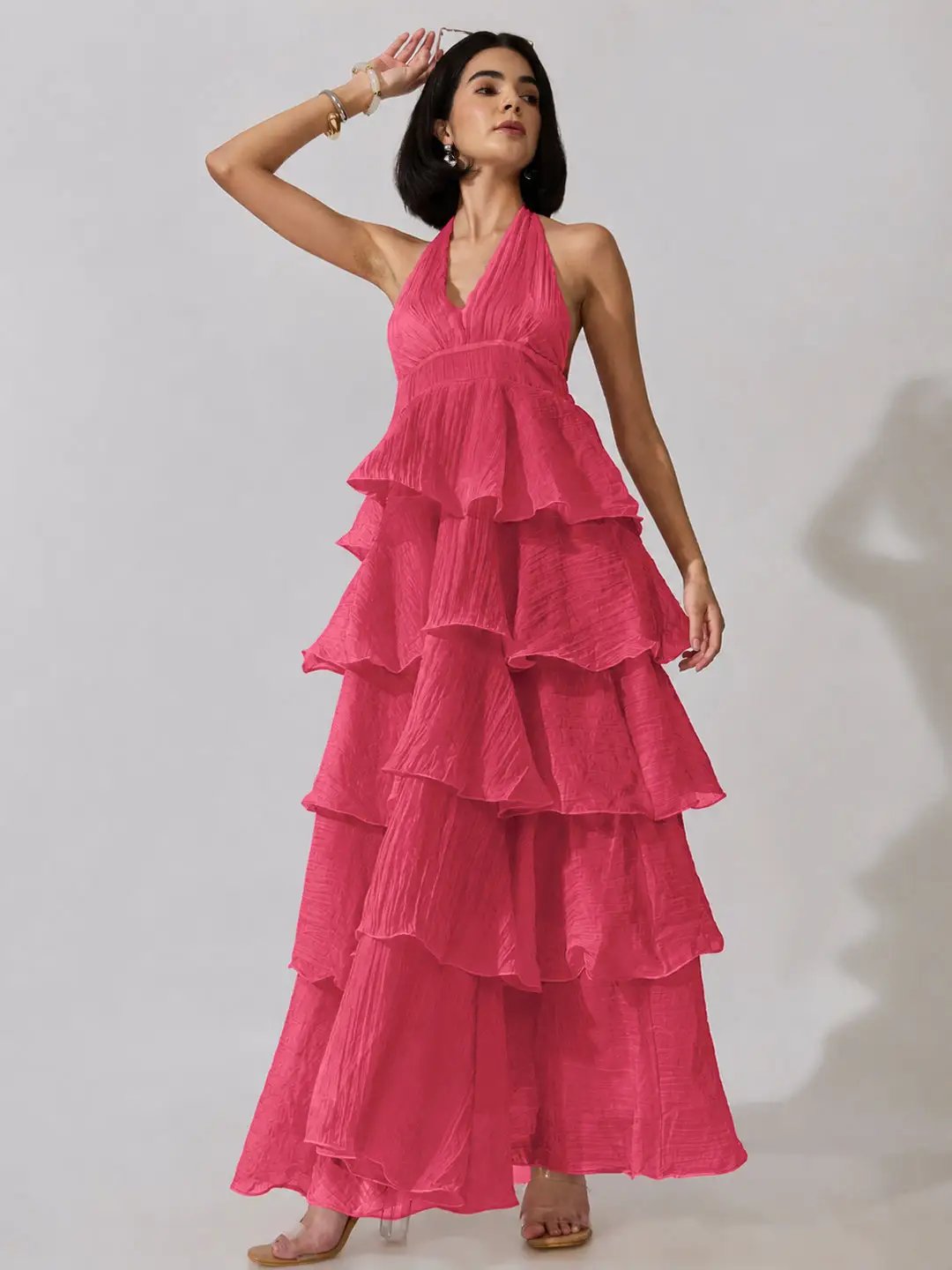 Women's Pink Halter Neck Maxi Dress with Ruffle Detail - Uncategorized from SHOWOFFFF